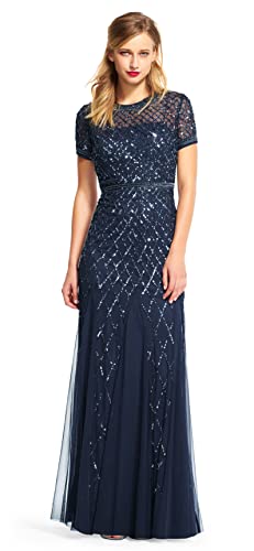 Adrianna Papell Women's Short-Sleeve Beaded Mesh Gown, Navy, 10