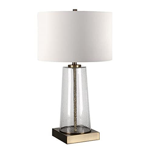 Dax 27.5" Tall Table Lamp with Fabric Shade in Seeded Glass/Brass/White