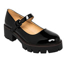 Women's Round Toe Ankle Strap Mary Janes Platform Low Heel Chunky Pumps Oxford Dress Shoes Black