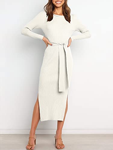 Women's Elegant Long Sleeve Crewneck Tie Waist Slim Fit Knit Slit Midi Dress White