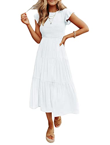 Women's Casual Short Sleeve Elastic Waist Tiered Midi Dress