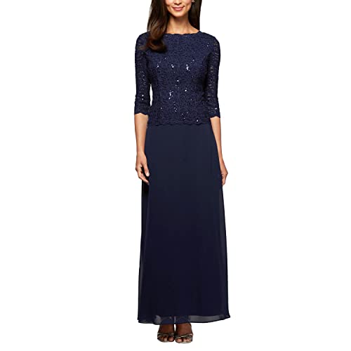 Alex Evenings Women's 3/4 Sleeve Stretch Lace Bodice Mock One Piece Gown, Navy, 14