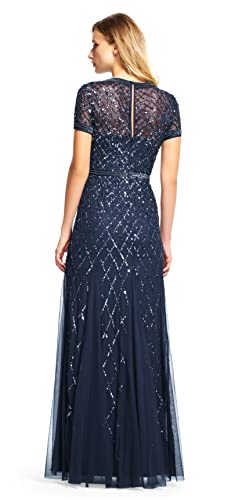 Adrianna Papell Women's Short-Sleeve Beaded Mesh Gown, Navy, 10