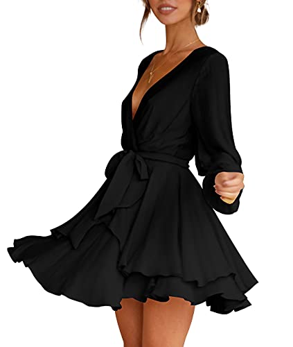 Womens Skater Dress Deep V-Neck Lantern Sleeve Tie Waist Ruffle Mini Dress Black L