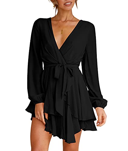 Womens Skater Dress Deep V-Neck Lantern Sleeve Tie Waist Ruffle Mini Dress Black L