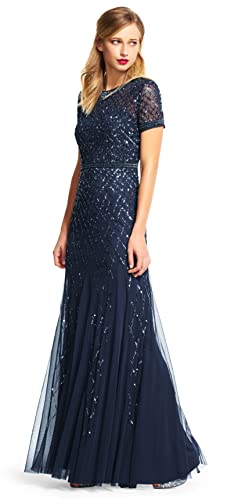 Adrianna Papell Women's Short-Sleeve Beaded Mesh Gown, Navy, 10