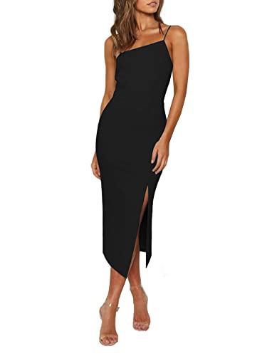 Women's Spaghetti Straps Split Slit Hem Sleeveless Zipper Bodycon Midi Dress