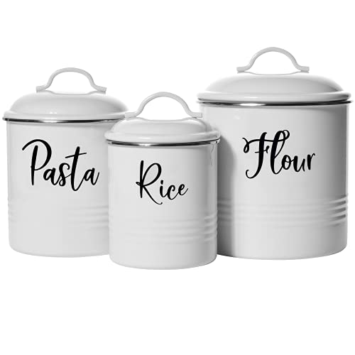 Home Acre Designs Kitchen Canisters Set of 3 - Airtight Flour, Pasta & Rice Containers - Rustic Farmhouse Canister Jars - White