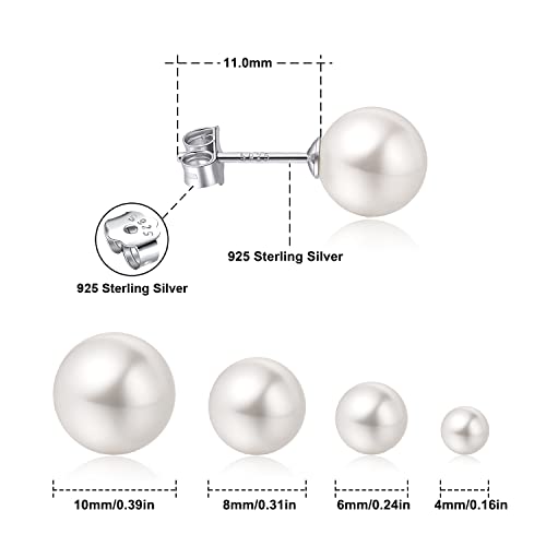 18K White Gold Plated Sterling Silver Post Faux Pearl Stud Earrings for Women Girls, White