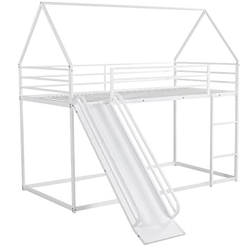 Twin Bunk Beds with Slide, Metal Frame House Bunk Bed with Built-in Ladder
