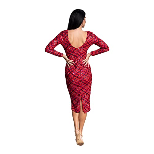 Women's Emery Long Sleeve Round Neck Low Back Bodycon Dress, Rouge RED Multi, Small