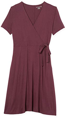 Amazon Essentials Women's Cap-Sleeve Faux-Wrap Dress, Burgundy, Large