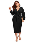 Women's Plus Size V Neck Lantern Sleeve Midi Belted Bodycon Dress Black 2XL