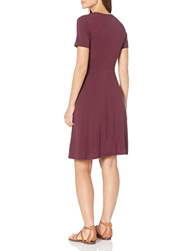 Amazon Essentials Women's Cap-Sleeve Faux-Wrap Dress, Burgundy, Large