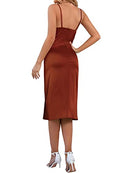 Satin Drape Cowl Neck Sleeveless Strappy Cami Split Slit Cocktail Party Midi Dress Rust