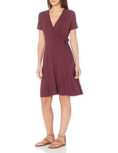 Amazon Essentials Women's Cap-Sleeve Faux-Wrap Dress, Burgundy, Large