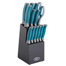 Oster Lindbergh 14 Piece Stainless Steel Cutlery Set Black Block, Teal Handles,Teal/Black