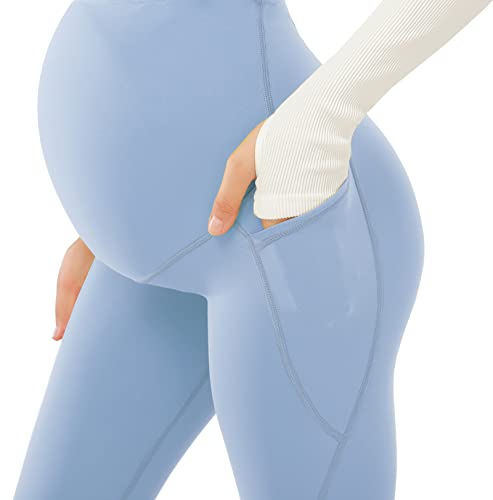 Maternity Leggings Over The Belly Pregnancy Leggings with Pockets Light Blue