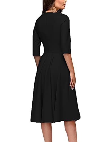 Womens Elegance Audrey Hepburn Style Ruched 3/4 Sleeve Midi A-line Dress Black