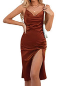Satin Drape Cowl Neck Sleeveless Strappy Cami Split Slit Cocktail Party Midi Dress Rust