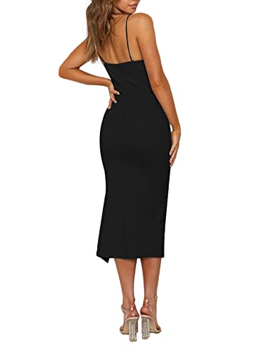 Women's Spaghetti Straps Split Slit Hem Sleeveless Zipper Bodycon Midi Dress