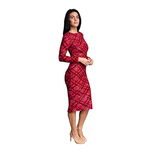 Women's Emery Long Sleeve Round Neck Low Back Bodycon Dress, Rouge RED Multi, Small