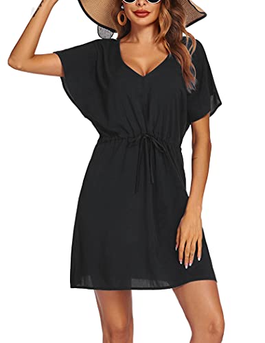 Women's Cover Up Short Sleeve Beachwear Coverups Loose V-Neck Bikini Beach Tunic