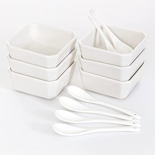 6 Oz White Porcelain Serving Bowls Set – 6 Small Bowls and 6 Serving Spoons