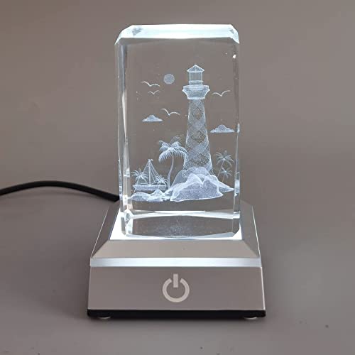 3D Laser Crystal Lighthouse Seabird Coast Crystal Figurine Collectibles with Night Light Stand Base