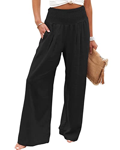 Women Summer High Waisted Cotton Linen Palazzo Pants Wide Leg Long Lounge Pant