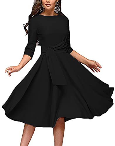 Womens Elegance Audrey Hepburn Style Ruched 3/4 Sleeve Midi A-line Dress Black