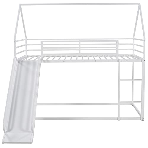 Twin Bunk Beds with Slide, Metal Frame House Bunk Bed with Built-in Ladder