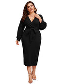 Women's Plus Size V Neck Lantern Sleeve Midi Belted Bodycon Dress Black 2XL