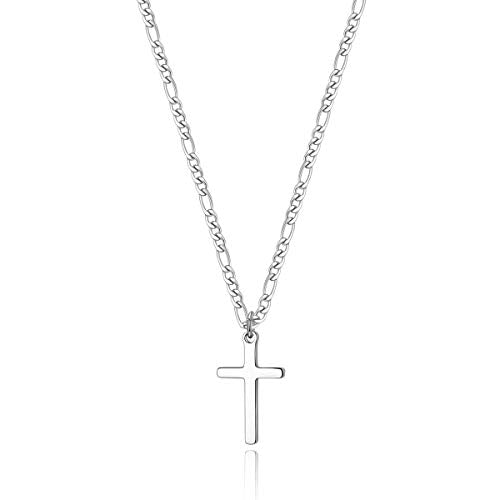 Cross Necklace for Men Figaro Chain Stainless Steel Plain Polished Cross Pendant