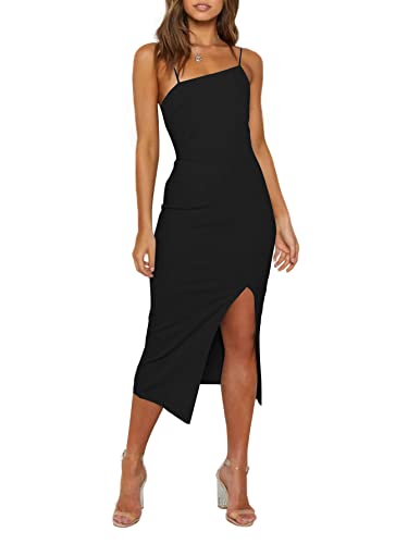 Women's Spaghetti Straps Split Slit Hem Sleeveless Zipper Bodycon Midi Dress