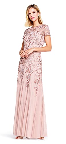 Adrianna Papell Women's Floral Beaded Godet Gown, Rose Gold, 14