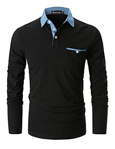 Long Sleeve Polos Casual Tops Denim Splice Golf T-Shirt Poloshirts,L,Black