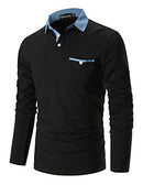 Long Sleeve Polos Casual Tops Denim Splice Golf T-Shirt Poloshirts,L,Black
