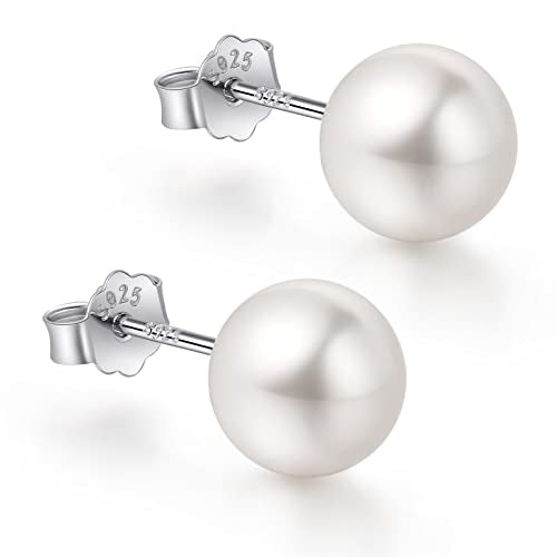18K White Gold Plated Sterling Silver Post Faux Pearl Stud Earrings for Women Girls, White