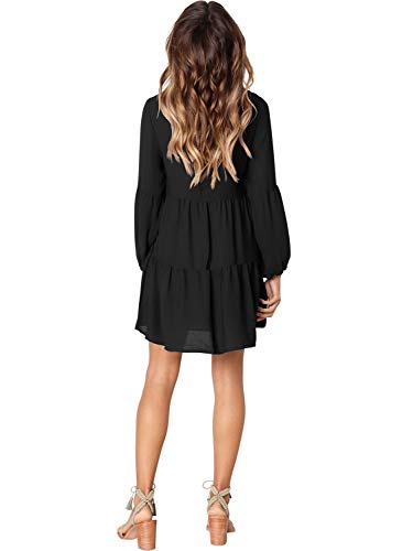 Women's Deep V Neck Loose Shift Pleated Tunic Dress Long Sleeves Black S