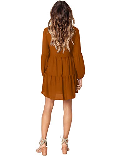 Amoretu Women Long Sleeve Tunic Dress V Neck Swing Shift Dresses(Brown,Medium)