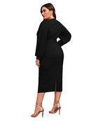 Women's Plus Size V Neck Lantern Sleeve Midi Belted Bodycon Dress Black 2XL