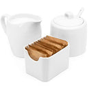Sugar and Creamer Set, 3 Piece, Pitcher, Sugar Bowl with Lid and Spoon, Sweetener Holder, White