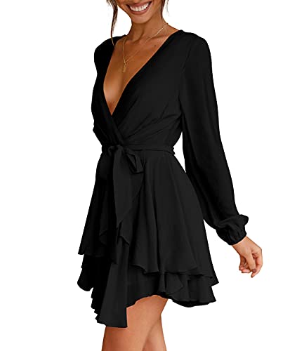 Womens Skater Dress Deep V-Neck Lantern Sleeve Tie Waist Ruffle Mini Dress Black L