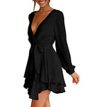 Womens Short Dress Deep V-Neck Long Sleeve Tie Waist Ruffle Swing Dresses Black M