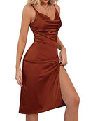 Satin Drape Cowl Neck Sleeveless Strappy Cami Split Slit Cocktail Party Midi Dress Rust