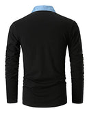 Long Sleeve Polos Casual Tops Denim Splice Golf T-Shirt Poloshirts,L,Black