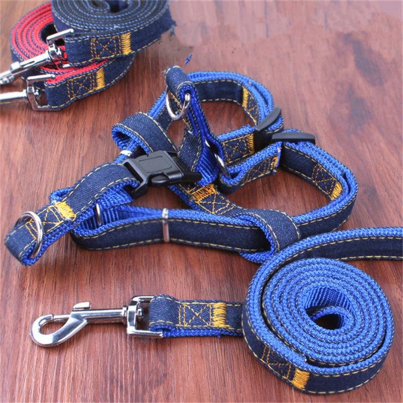S L XL Colorful Jean Denim Leash Harness Dog Collar Chain Cat rope belt adjustable collar dogs