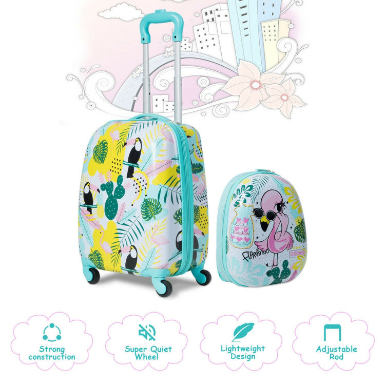 2 Pieces Kids Luggage Set 12-inch Backpack and 16-inch Rolling Suitcase Travel - Flamingo