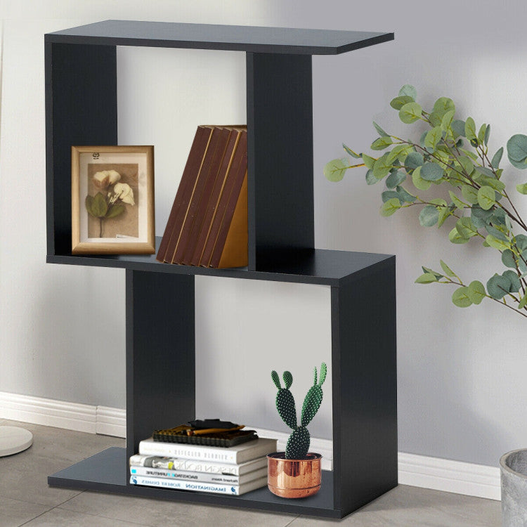 2 Tiers Wooden S-Shaped Bookcase for Living Room Bedroom Office